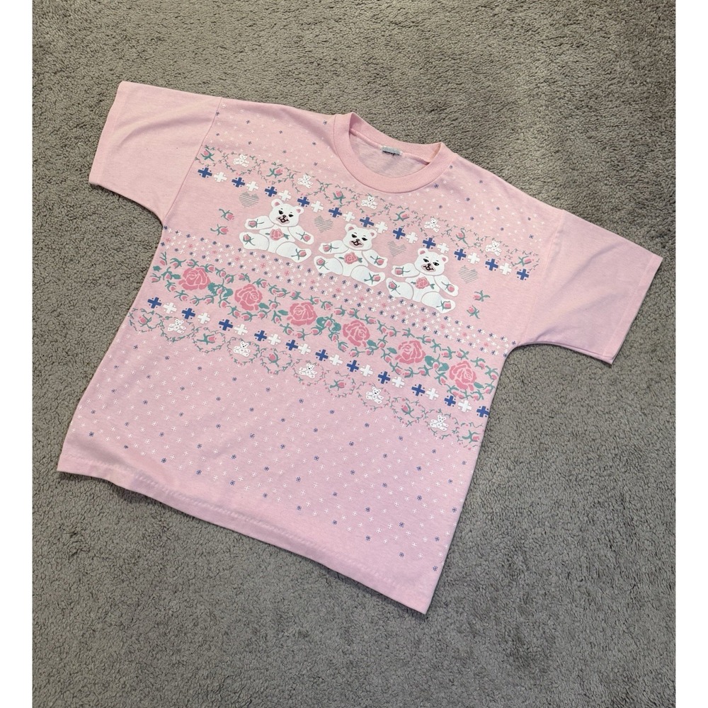 RARE VTG 80s 90s Single Stitch Spumoni‎ Pink Teddy Bear Graphic Tee Womens L Fit